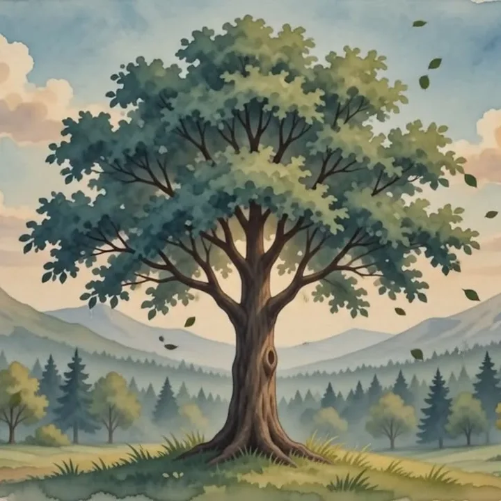 Aquarell: ein Baum mit tiefen Wurzeln und biegsamen Ästen im Wind